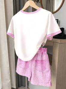 青少年女孩休閒復古拼接刺繡寬鬆圓領短袖T恤與寬鬆短褲2件套，適合春夏日常穿著、外出，甜美風格 - 彩色 - 查看 2