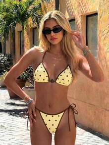 Swim Mod Polka Dot Texture Halter Neck Tie Bikini 2 Pieces Set - Multicolor - View 1