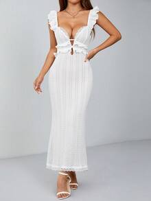 SHEIN PETITE Party Vacation White Hollow Crocheted Textured Ruffled Cap Sleeves Straps Back Elegant Sexy Long Fishtail Dress Graduation Petite Women Wedding Summer - White - View 7