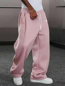 Manfinity EMRG Men's Solid Color Drawstring Waist Pocket Casual Loose Sweatpants, Baggy Grey For Back To School Wide Leg Gym Pants Y2k Oversized - Pink - View 1
