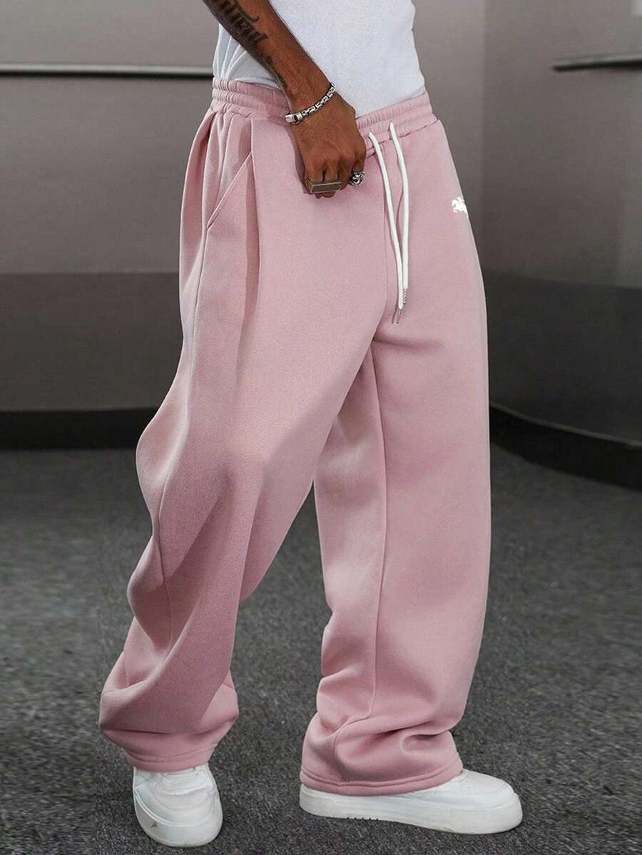 Manfinity EMRG Men's Solid Color Drawstring Waist Pocket Casual Loose Sweatpants, Baggy Grey For Back To School Wide Leg Gym Pants Y2k Oversized - Pink - View 1