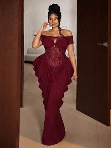 Maweii Plus Size Burgundy Off Shoulder Lace Dress With Hollow Bow Design And Pleated Gown - Red - View 1
