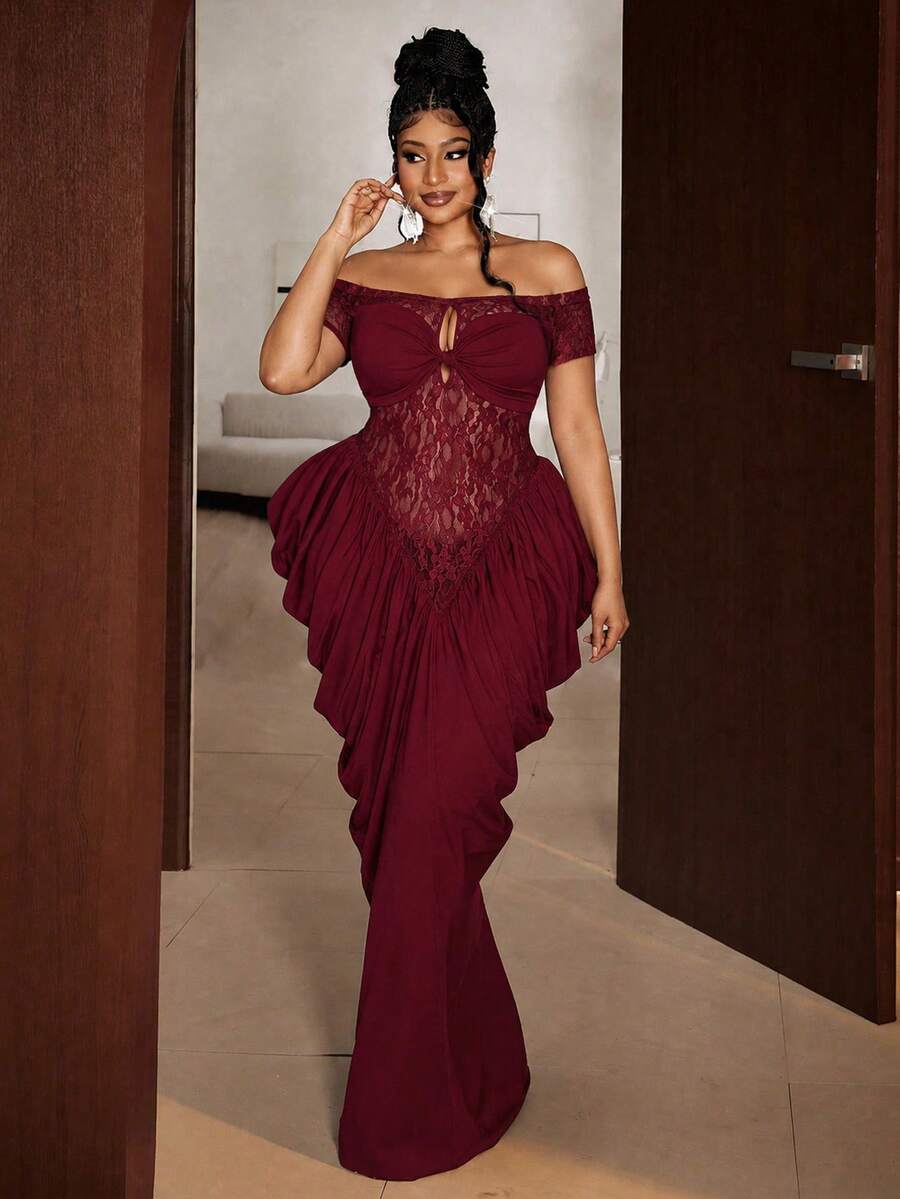 Maweii Plus Size Burgundy Off Shoulder Lace Dress With Hollow Bow Design And Pleated Gown - Red - View 1