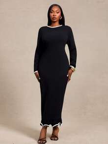 Radiana Curve Plus Size Women's Trimmed Round Neck Long Sleeve Fitted Elegant Dress Fall - Black and White - View 5
