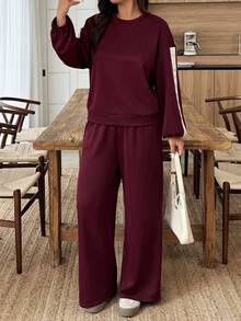 SHEIN LUNE Plus Size Women's Autumn/Winter Woven Tape Patchwork Drop Shoulder Colorblock Sweatshirt & Sweatpants Casual Commute Set - Burgundy - View 4