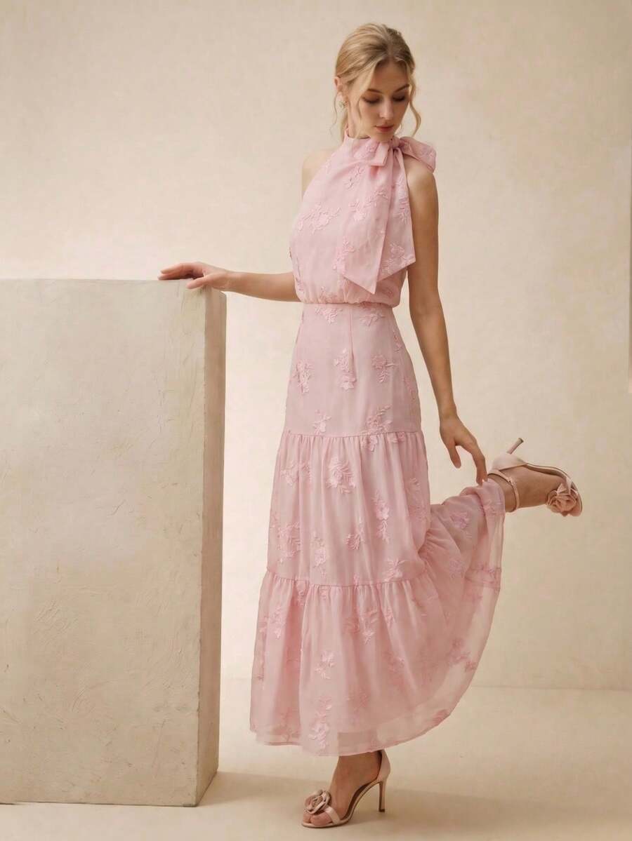 Anewsta 春夏優雅重工刺繡設計高端綁帶細節女款洋裝 - 粉色 - 查看 1