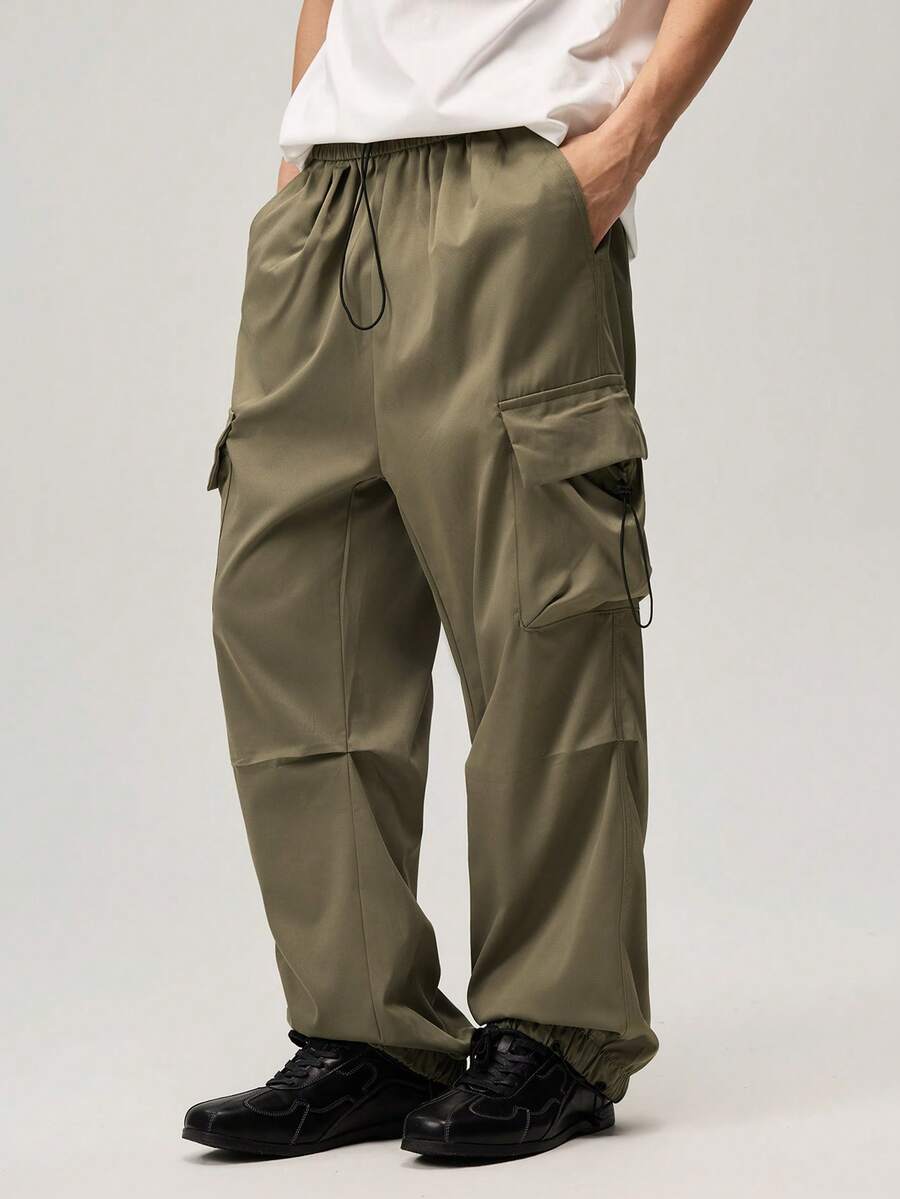 Vaulklash Men Flap Pocket Side Drawstring Waist Oversize Cargo Pants, For Fall - Army Green - View 1