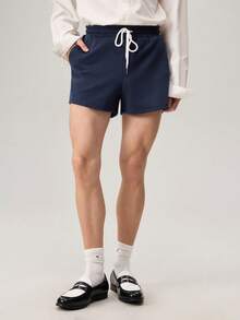 Solid Color Drawstring Pocket Casual Loose Knit Shorts, Versatile For Summer Daily Wear, Vacation, Father's Day Gifts - Navy Blue - View 2