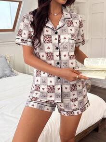 Napfluff Conjunto de pijama con estampado de leopardo & patrón de corazón, cuello de solapa, 2 piezas - Multicolor - Ver 6