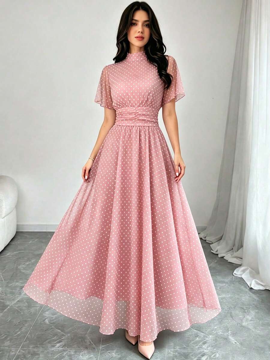 Modelyn 女款時尚白色波點圖案半高領荷葉邊短袖法式優雅長洋裝,腰部百褶設計修身顯瘦,粉色網紗洋裝,適合夏季日常出遊與度假穿搭 - 彩色 - 查看 1