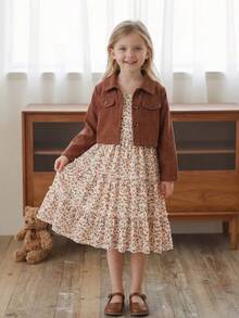 SHEIN Vintaside Kids Young Girls New Fashion Blazer Collar Long Sleeve Jacket With Elastic Waist A-Line Tiered Floral Print Cami Dress 2-Piece Set, Suitable For Daily Casual, Vacation, Picnic, Brown Maillard Color, Spring/Autumn - Brown - View 4