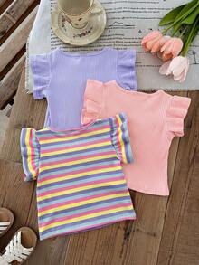 LMoss Kids Baby Girl 3pcs Knitted Solid Color Striped 3D Floral Round Neck Tank Tops - Mauve Purple - View 2