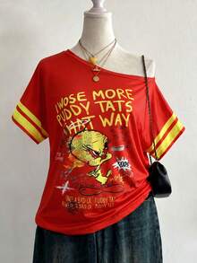 DrmWander LOONEY TUNES X SHEIN 大尺碼女款不對稱肩字母印花休閒運動牛仔街頭風日常穿著T恤 適合辦公室教師 生日 紅色 夏季 - 彩色 - 查看 1