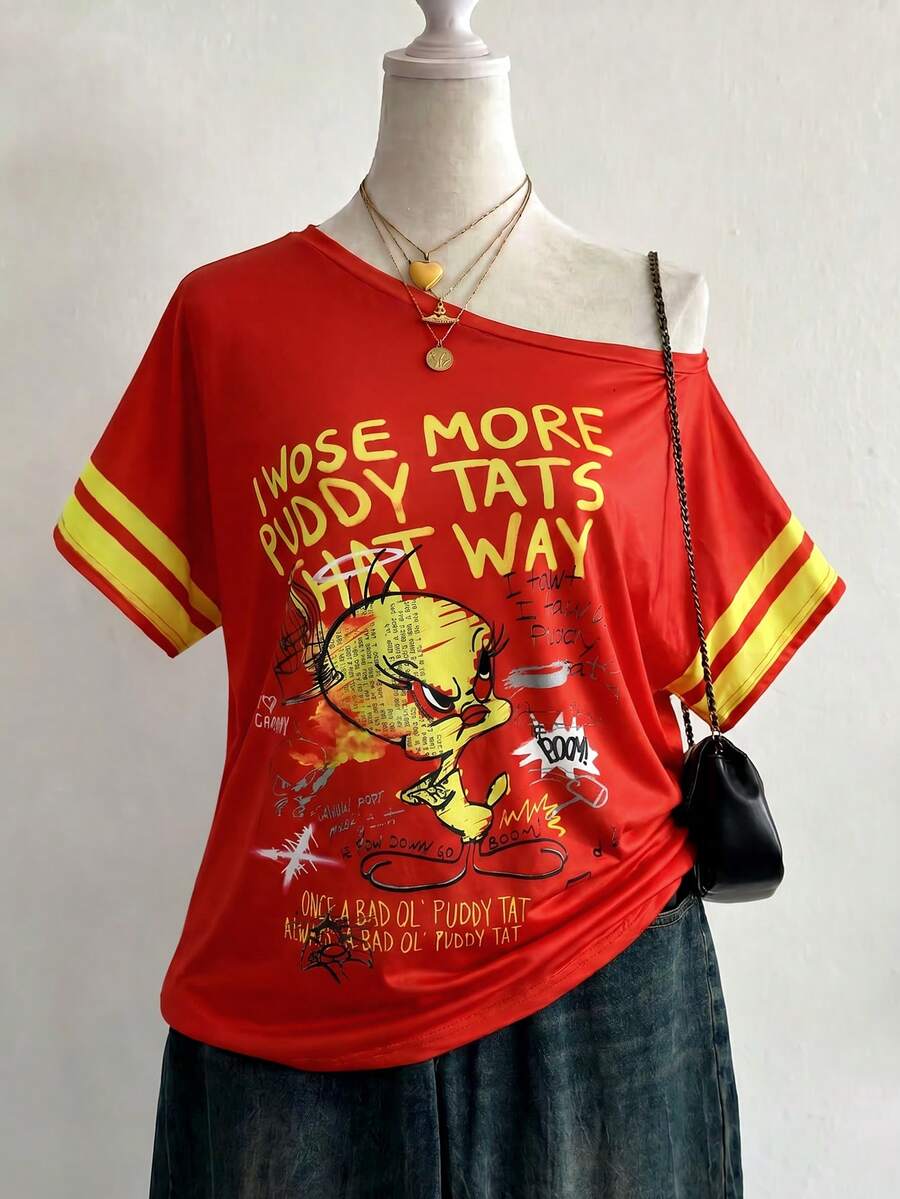 DrmWander LOONEY TUNES X SHEIN 大尺碼女款不對稱肩字母印花休閒運動牛仔街頭風日常穿著T恤 適合辦公室教師 生日 紅色 夏季 - 彩色 - 查看 1