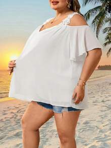 SHEIN CURVE+ Women's Plus Size Summer Vacation Solid Color Off-Shoulder Casual Short Sleeve Shirt Vacation White - White - View 5