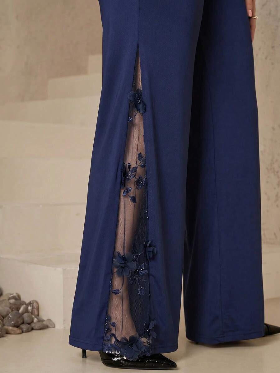 SHEIN Clasi 大尺碼女款高腰拼接刺繡網紗寬腿長褲 - 藍色 - 查看 1