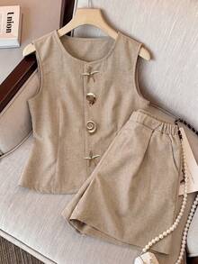 SHEIN XT26211 青少年 2 件組夏季 Old Money 風格背心上衣與休閒短褲套裝，舒適適合日常通勤與度假穿著 - 棕色 - 查看 7