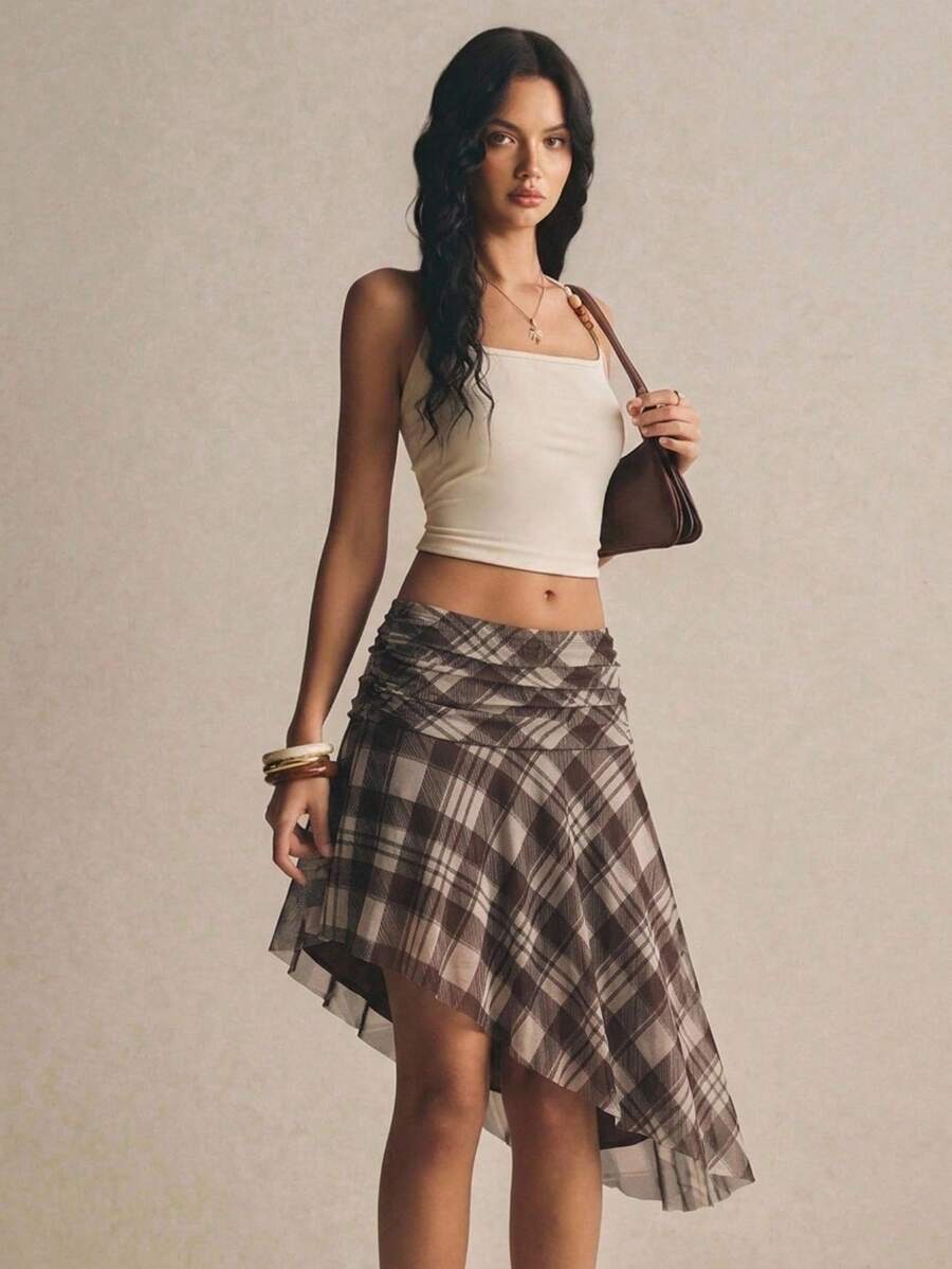 Poéselle 女款夏季休閒格紋不對稱下擺裙