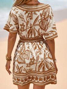 Swim Vcay Women's V-Neck Waist Cinched Short Sleeve Printed Dress, Beach Cover-Up For Spring/Summer Vacation - Khaki - View 3