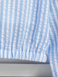 Jaket Pendek Berkerudung Lengan Panjang Motif Garis Vertikal Biru Putih Segar untuk Anak Perempuan Remaja, Potongan Longgar, Musim Gugur, Kembali ke Sekolah, Kasual Lucu Gaya Preppy, Crop Top, Pelajar - Biru - View 7