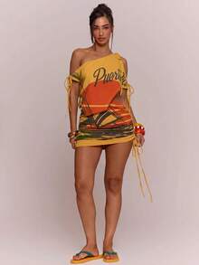 MUSERA Asymetric Graphic Printed Draped Cinched Waist Mini Dress Spring Summer Vacation Holiday Ibiza Boho Elegant Casual Carnival Festival - Orange - View 3