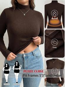 SHEIN PETITE CURVE Plus Size Autumn/Winter Casual Solid Color Turtleneck Warm T-Shirt Fall - Coffee Brown - View 1
