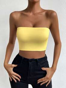 Allurite Ladies' Solid Color Simple Style Daily Strapless Top - Yellow - View 5