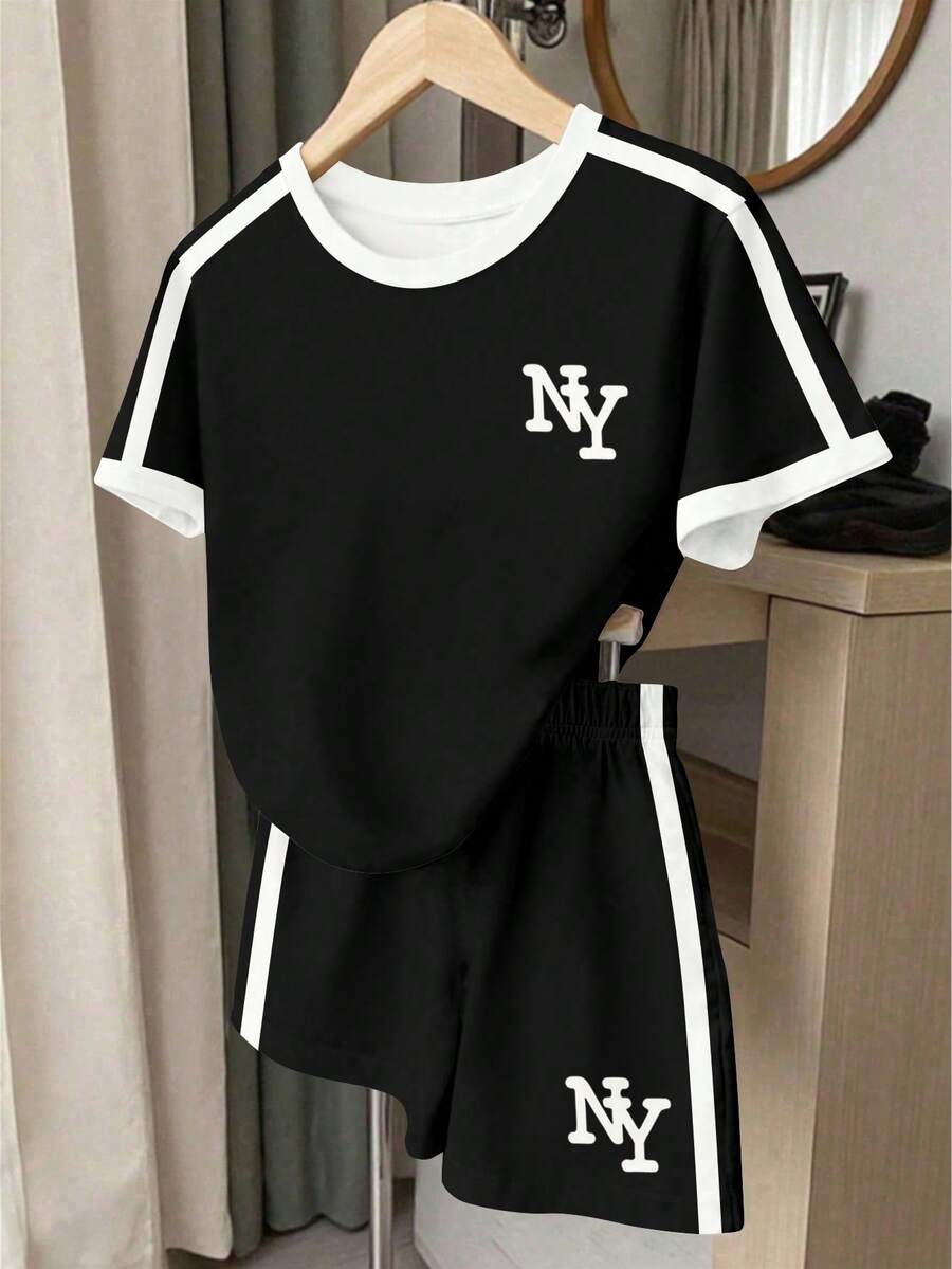 Teen Girl Casual Minimalist Classic Fashion Mini Letter NY Graphic, Black & White Contrast, Short Sleeve & Shorts 2-Piece Set, Suitable For Summer, Back To School, Cozy, Girls Outfit Sets, Y2K, Vintage - Multicolor - View 1