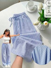 SHEIN EZwear 條紋休閒大尺碼女款長褲 - 藏蓝色 - 查看 1