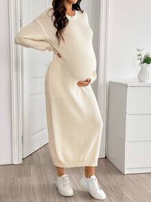 SHEIN Maternity Solid Color Casual Daily Knit Dress Winter - Apricot - View 5