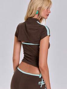 ACID BLVD Spring/Summer Y2K Hot Girl Sporty World Cup Outfit Napoleon Double-Breasted Button Decor Ultra Cropped Tank Top And Camisole 2pcs Set - Brown - View 4