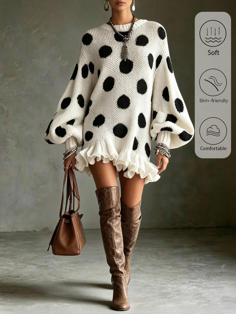 LUMIGAL Women's Polka Dot Lantern Sleeve Ruffle Hem Knit Dress