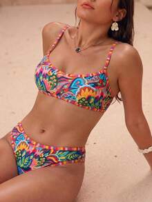 Swim Vcay 2026春夏两件套黑白撞色贝壳边可调节肩带比基尼套装，女士印花比基尼泳装，两件套泳衣 - 彩色 - 查看 5