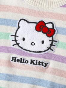 HELLO KITTY AND FRIENDS | SHEIN GraphicGems 女嬰圓領 3D 毛巾刺繡彩虹條紋套頭針織毛衣，柔軟舒適全幅提花印花，簡約可愛優雅長袖紅色上衣，適合秋冬旅行、外出、派對、戶外玩耍 - 彩色 - 查看 6
