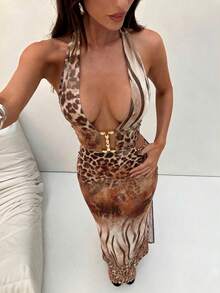 Aloruh 豹紋動物印花拼接性感野性辣妹鏤空綴珠度假風超長洋裝 - 咖啡棕 - 查看 8