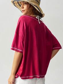 Bohemela Women's Casual Boho Solid Color V-Neck Short Sleeve Loose Regular Fit Knit T-Shirt Beach Pink Sequin Summer - Hot Pink - View 2