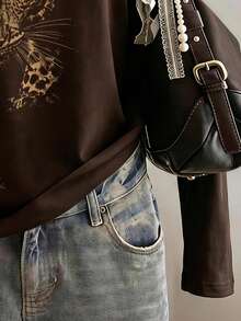 SHEIN EZwear Áo thun nữ tay dài cổ bất đối xứng họa tiết da báo nâu phong cách tối giản cá tính, phù hợp cho mùa thu - Nhiều màu - Xem 5