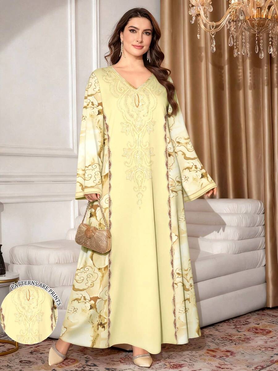 SHEIN Najma 紮染花卉印花拼接刺繡仿印淺黃色大尺碼女款洋裝,女士時尚V領長袖長洋裝,優雅端莊春夏季禮服 - 彩色 - 查看 1