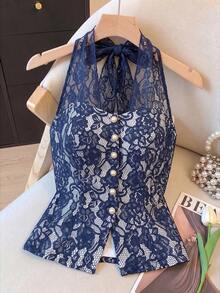 Selianne Women's Backless Casual Romantic Vacation Bohemian Style Beachwear, Valentine's Day, New Year, Party Birthday Day Party, Summer Elegant White Floral - Navy Blue - View 4