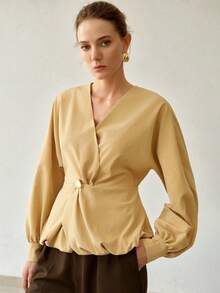 MOTF PREMIUM WOMEN'S SPRING/AUTUMN FASHION COMMUTER SURPLICE NECK LANTERN SLEEVE BUBBLE PEPLUM HEM TOP OFFICE CREAM ELEGANT - Apricot - View 6