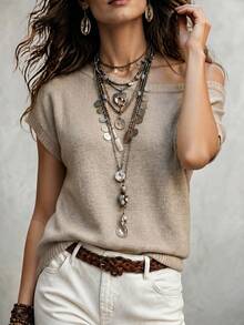 SHEIN Casual Elegant Women's Loose Asymmetric Neck Top - Khaki - View 7