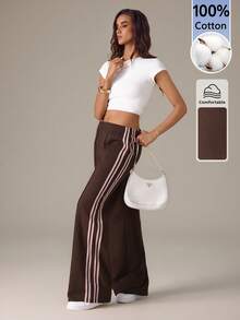 SHEIN Tall Women's Elastic Waist Side Stripe Wide Leg Loose Casual Sports Pants, Back To School - Brown - View 3