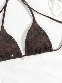Costavie Swim Basics 單件比基尼上衣 春夏海灘度假款 亮片特殊紋理面料 珍珠裝飾 掛脖三角杯性感比基尼上衣 - 咖啡棕 - 查看 3