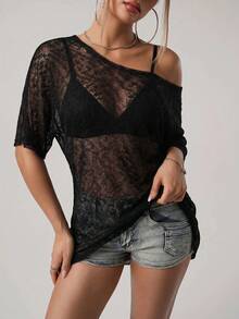 SHEIN ICON Women's Fashion Vacation Asymmetrical Shoulder Sheer Knit Top - Black - View 6