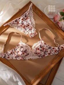 SHEIN 女款印花蕾絲拼接鋼圈薄罩杯舒適內衣套裝 2件組 - 粉色 - 查看 6