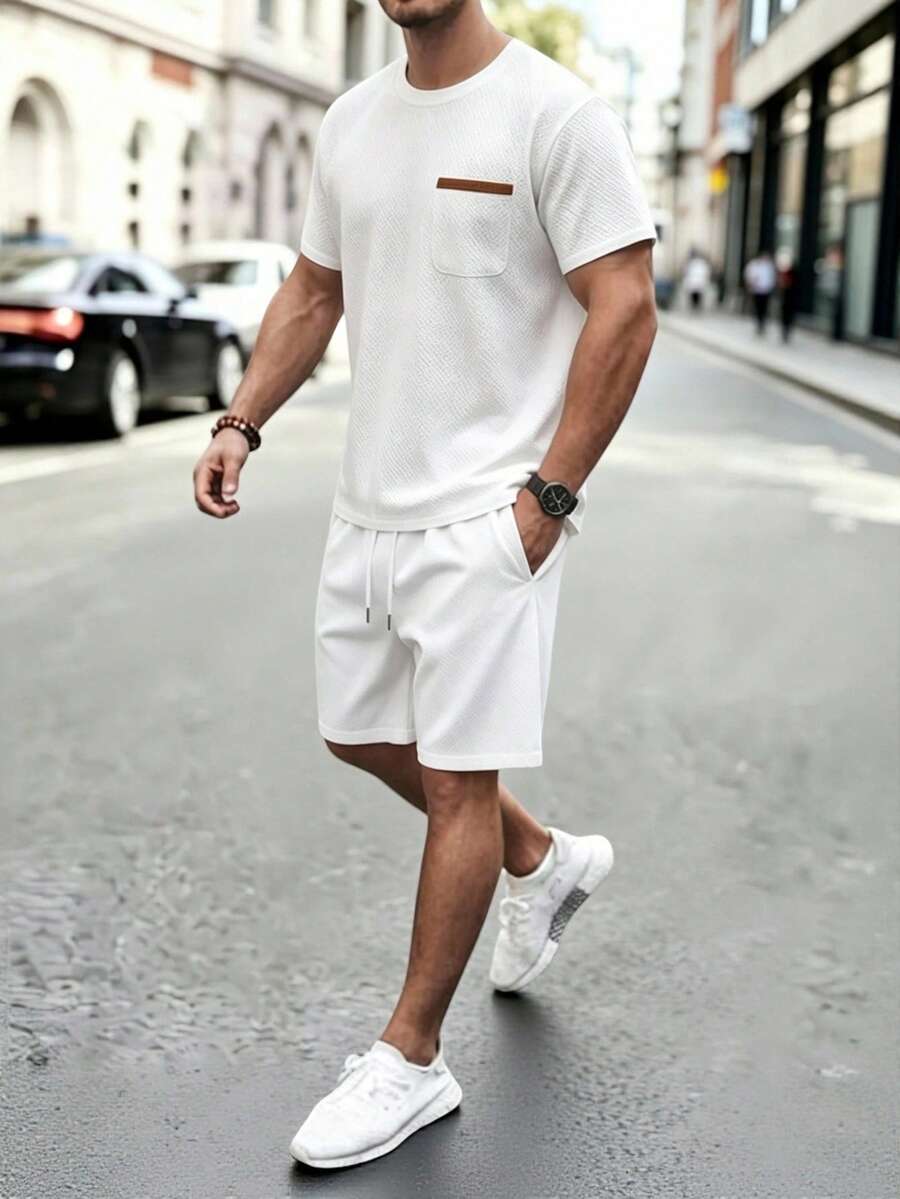 Manfinity CasualCool Setelan Kaos Lengan Pendek dan Celana Pendek 2 Potong Pria Musim Semi/Panas, Kain Rajut Bertekstur dengan Warna Kontras, Setelan Kaos Kasual Dewasa - Putih - View 1