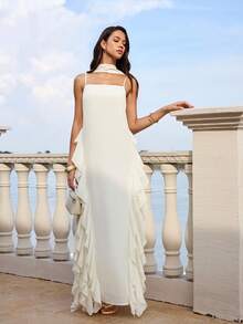 SHEIN 新款新娘母親風格米白色側褶雪紡細肩帶洋裝附圍巾，波希米亞浪漫優雅夏季舞會禮服 - 白色 - 查看 3