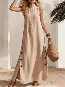 Everyssa Summer Casual Solid Color Linen Sleeveless Side Slit Dress, Beach Vacation Minimalist Style, Fashionable Versatile - Khaki - View 1