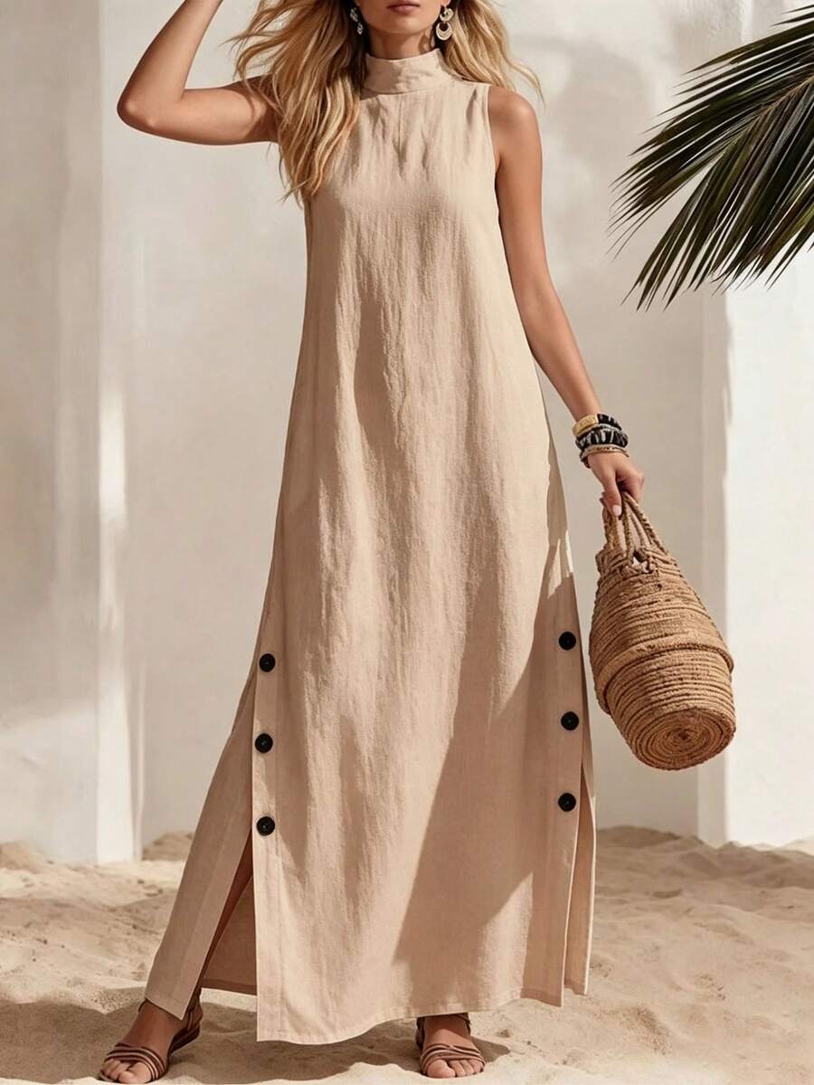 Everyssa Summer Casual Solid Color Linen Sleeveless Side Slit Dress, Beach Vacation Minimalist Style, Fashionable Versatile - Khaki - View 1