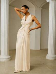 ZEYLAH Elegant Extra-Long Fitted Dress With Ruched Ruffle Hem, Spring/Summer - Apricot - View 4
